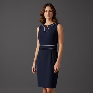 Chloe & Karina Navy Sheath Dress with White Piping Trim